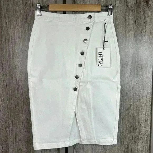 EVIDNT Skirt 26 White Denim Asymmetrical Front Slit Buttons Pencil Anthropologie - Picture 1 of 10